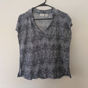 Rachel Zoe 100% Linen Short Sleeve Navy/White Top Collared V-Neck Women's size L